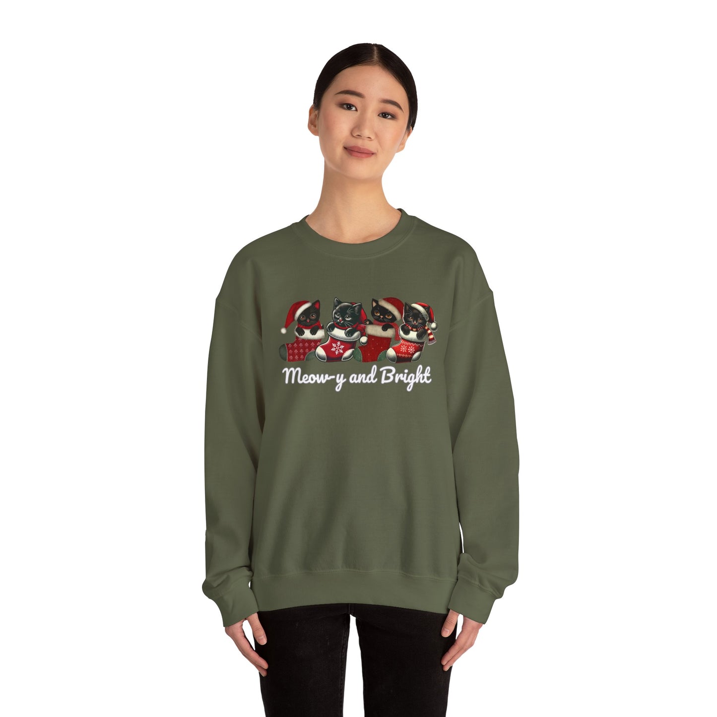 Festive Cat Lovers Sweatshirt - "Meow-y and Bright" Holiday Pullover for Cat Lovers