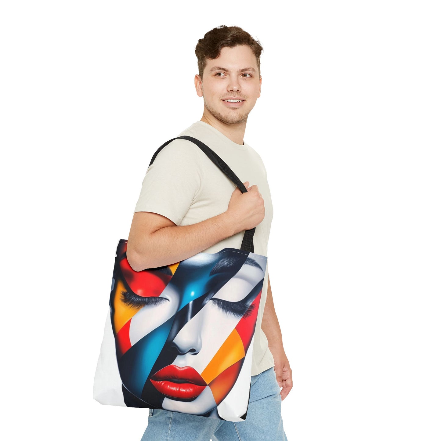 Modern Abstract Art Tote Bag - Vibrant Face Design & Zebra Print Reversible Style - Durable, Lightweight, Everyday Carry