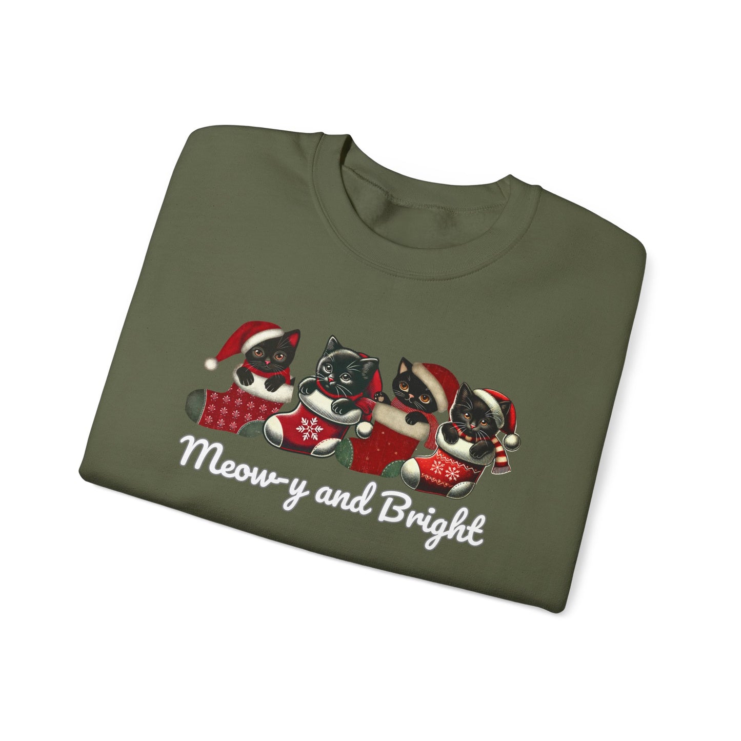 Festive Cat Lovers Sweatshirt - "Meow-y and Bright" Holiday Pullover for Cat Lovers