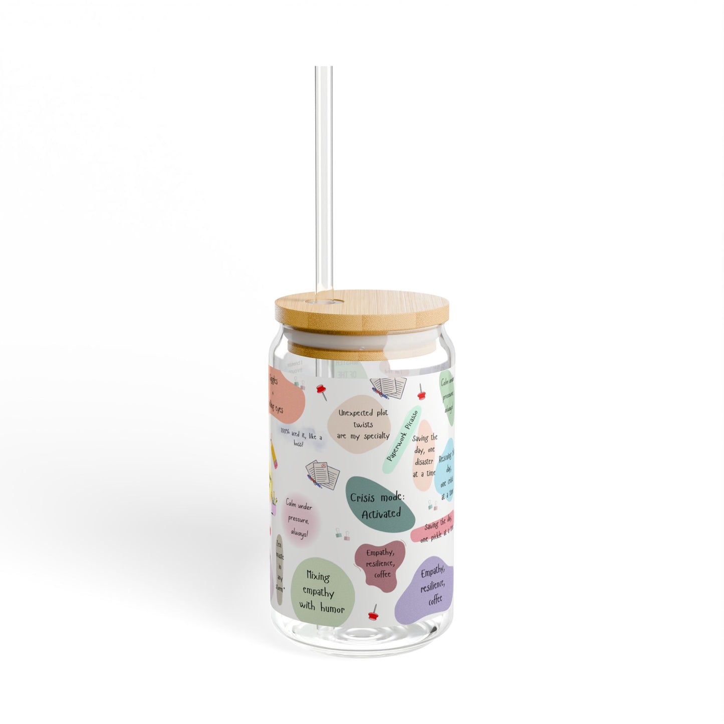 Sipper Glass | 16oz Social Work Daily Affirmations Glass Tumbler with Bamboo Lid and Straw – Inspirational Quotes for Social Workers