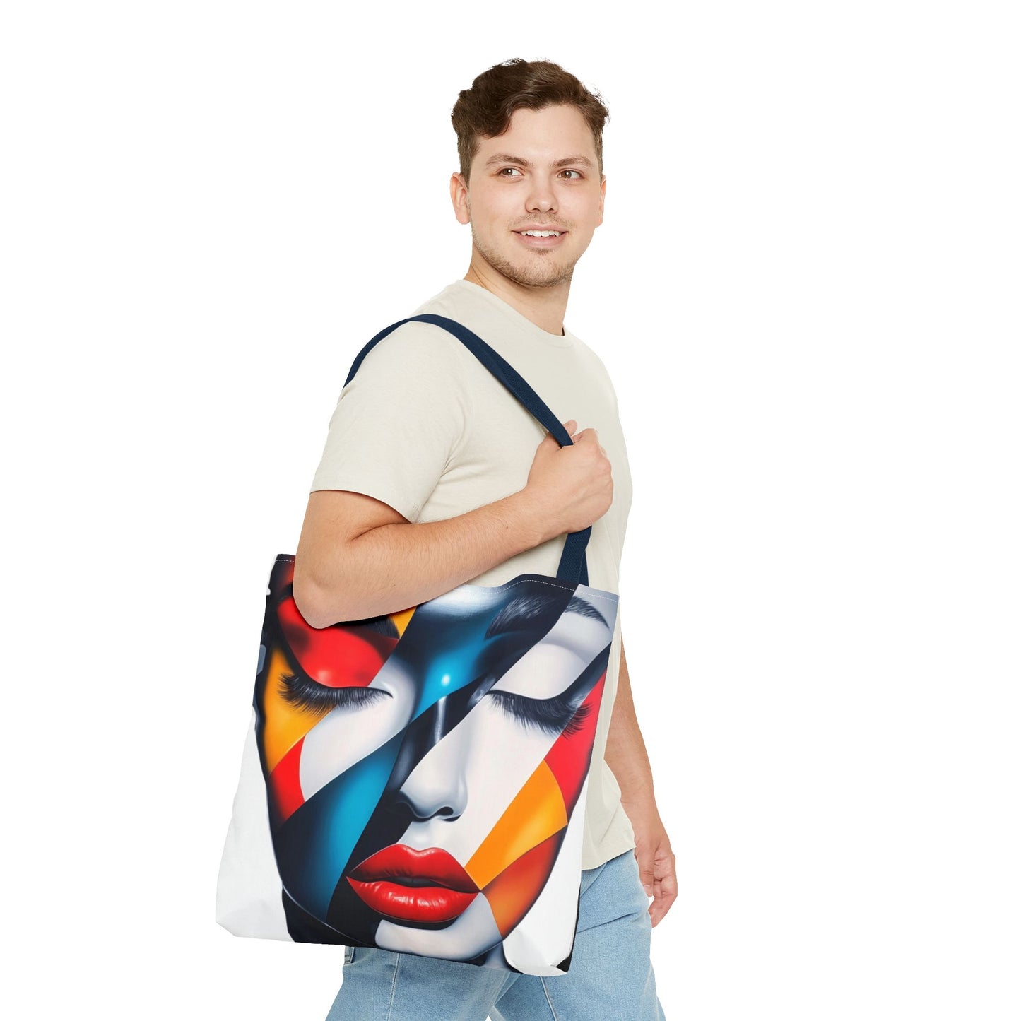 Modern Abstract Art Tote Bag - Vibrant Face Design & Zebra Print Reversible Style - Durable, Lightweight, Everyday Carry