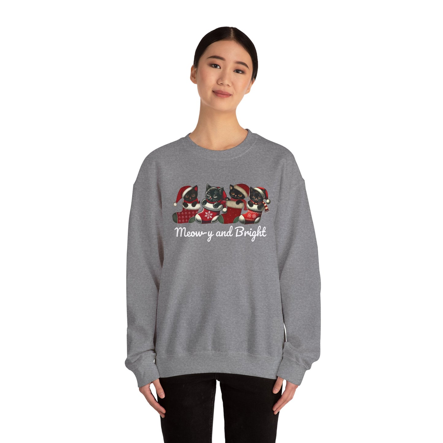 Festive Cat Lovers Sweatshirt - "Meow-y and Bright" Holiday Pullover for Cat Lovers