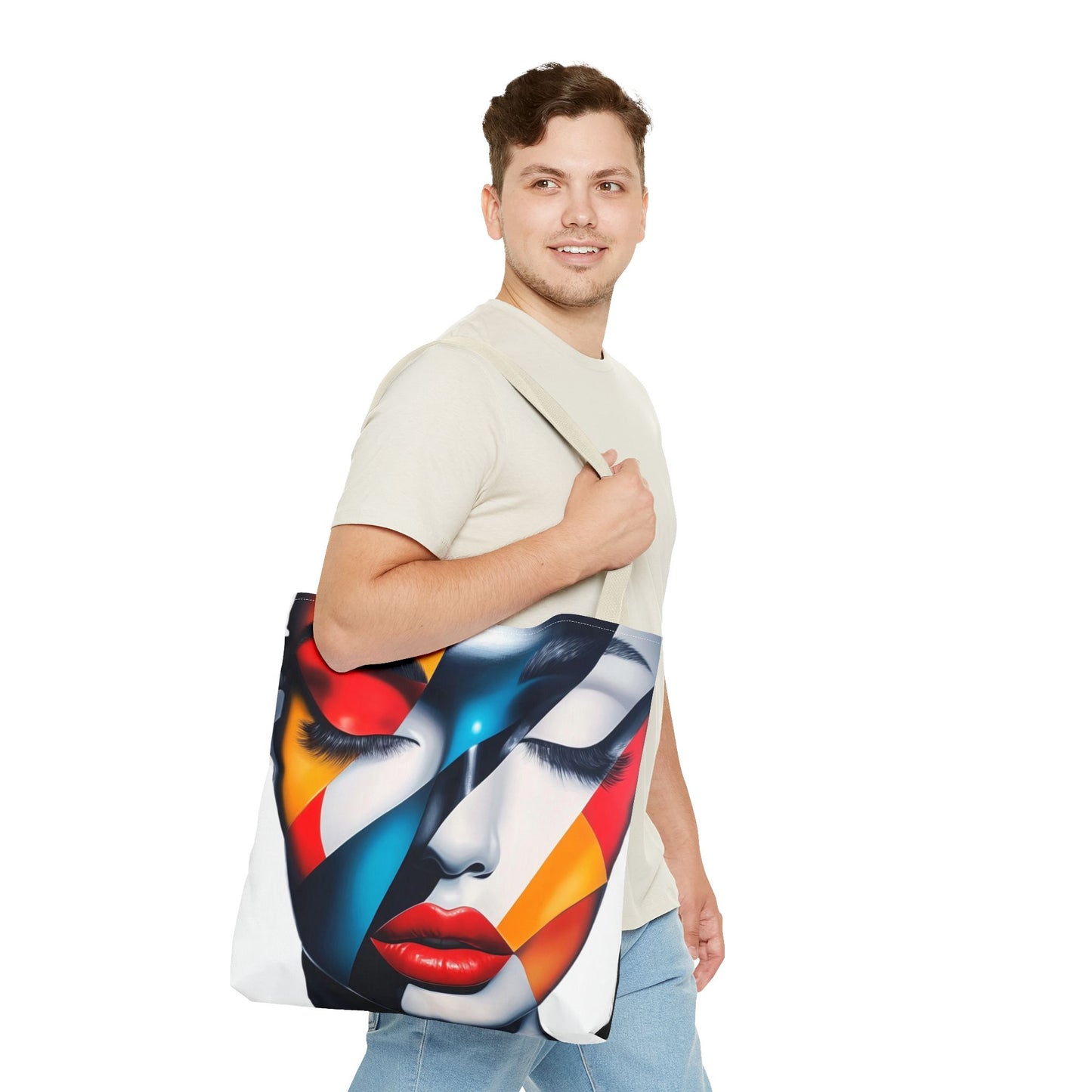 Modern Abstract Art Tote Bag - Vibrant Face Design & Zebra Print Reversible Style - Durable, Lightweight, Everyday Carry