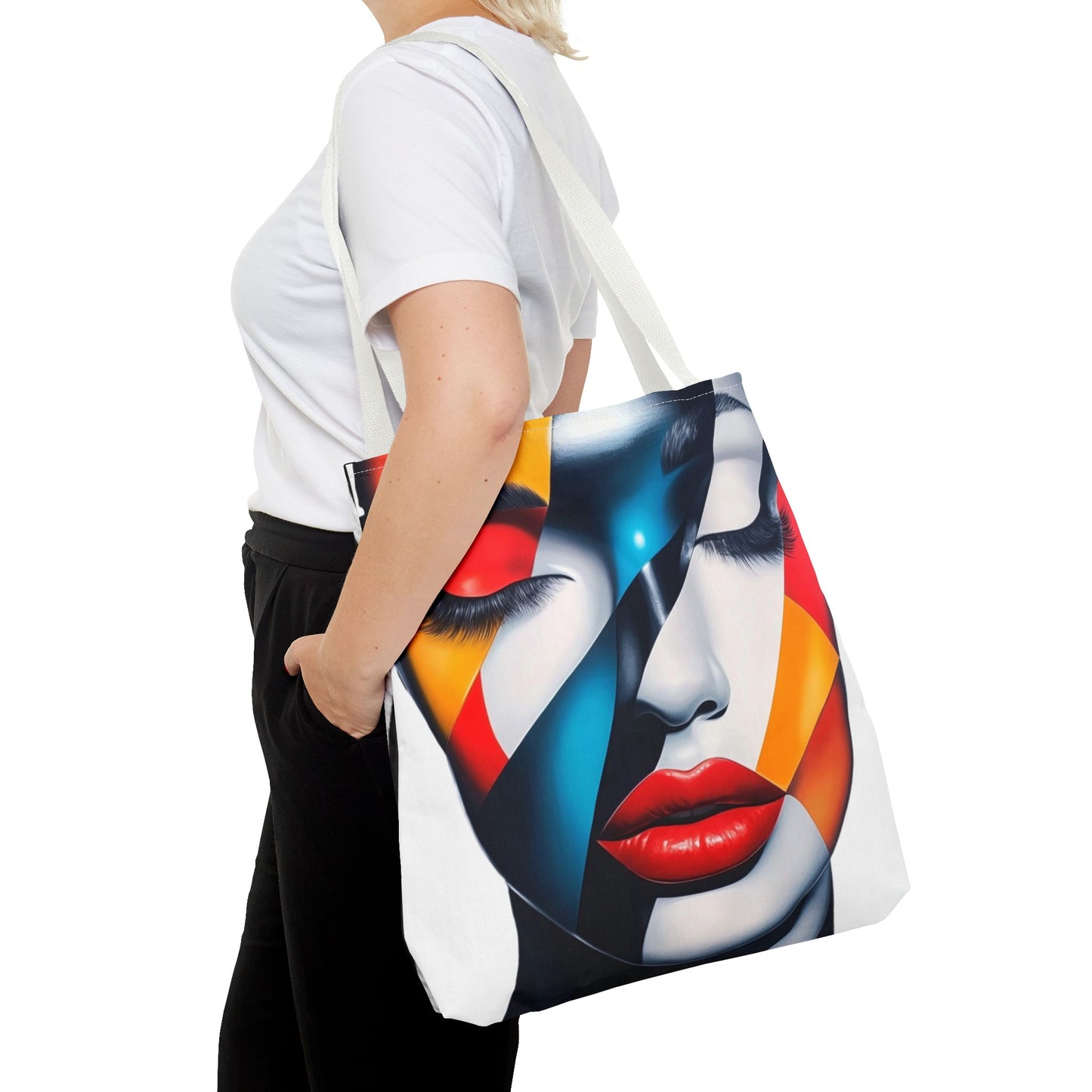 Modern Abstract Art Tote Bag - Vibrant Face Design & Zebra Print Reversible Style - Durable, Lightweight, Everyday Carry