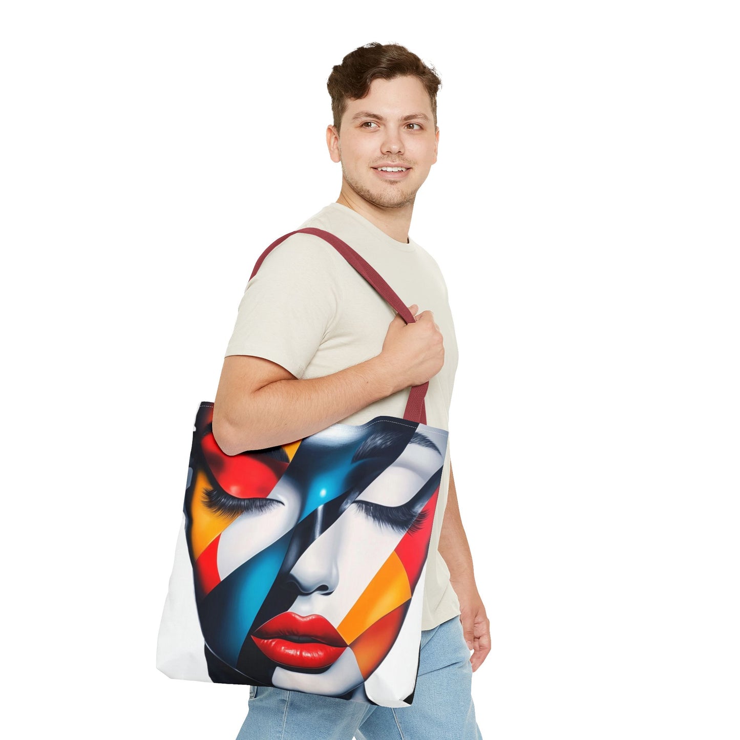 Modern Abstract Art Tote Bag - Vibrant Face Design & Zebra Print Reversible Style - Durable, Lightweight, Everyday Carry