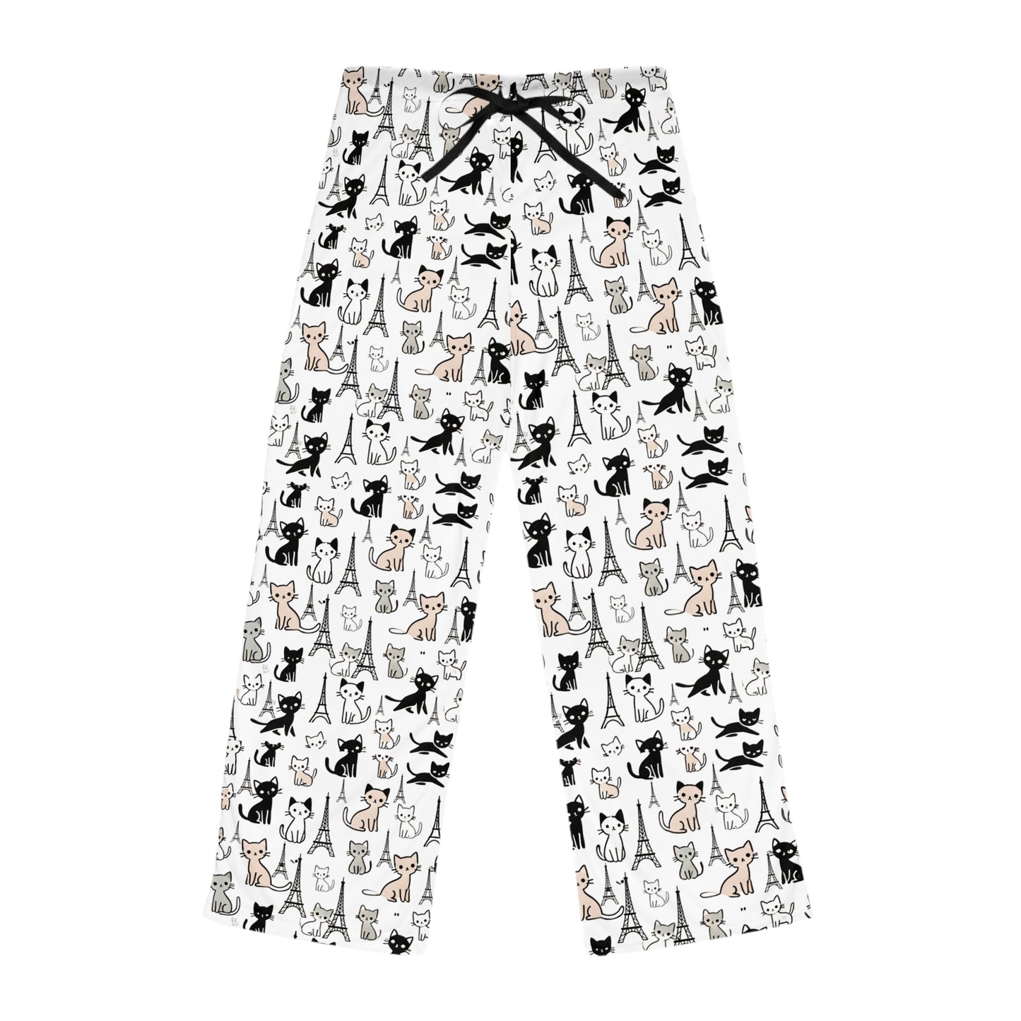 Women's Eiffel Tower & Cat Print Pajama Pants - Parisian Chic Lounge Pants - Soft Sleepwear with Adjustable Drawstring Waist