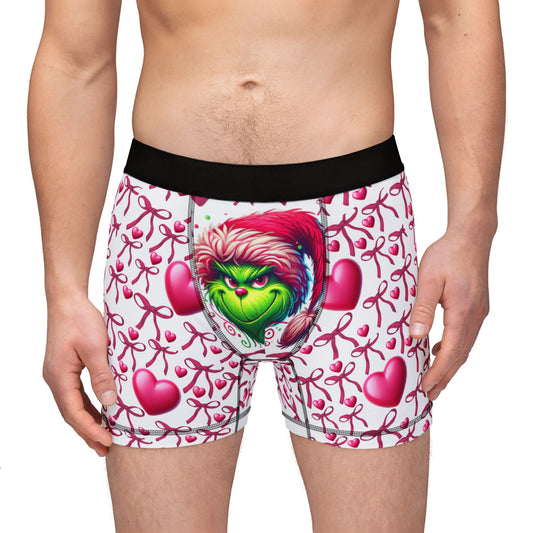 Grinch-Inspired Men's Boxers with Hearts & Bows - Fun Valentines Underwear for Men