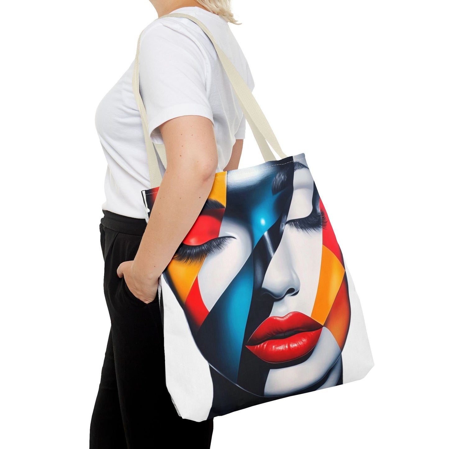 Modern Abstract Art Tote Bag - Vibrant Face Design & Zebra Print Reversible Style - Durable, Lightweight, Everyday Carry