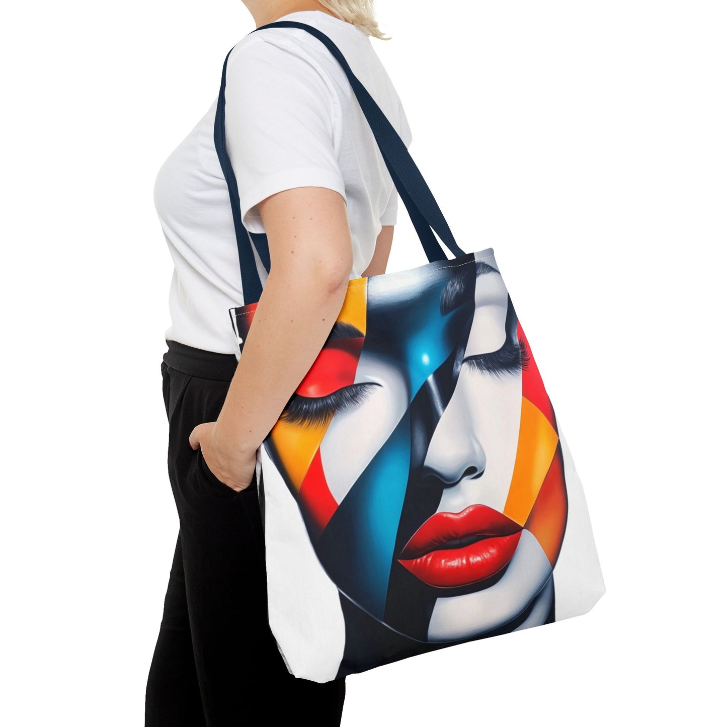 Modern Abstract Art Tote Bag - Vibrant Face Design & Zebra Print Reversible Style - Durable, Lightweight, Everyday Carry