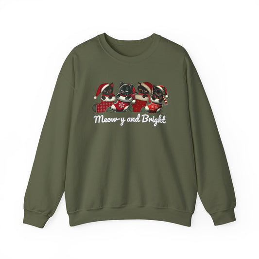 Festive Cat Lovers Sweatshirt - "Meow-y and Bright" Holiday Pullover for Cat Lovers