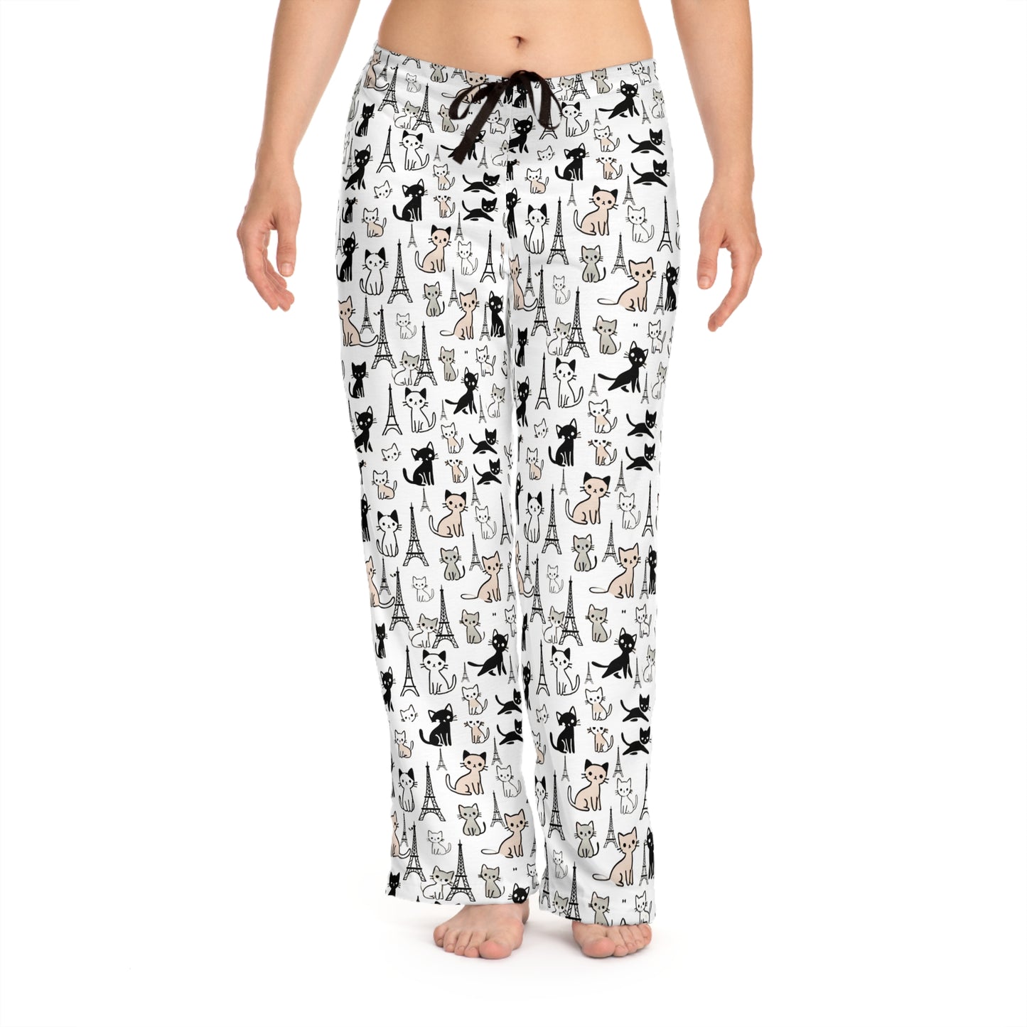 Women's Eiffel Tower & Cat Print Pajama Pants - Parisian Chic Lounge Pants - Soft Sleepwear with Adjustable Drawstring Waist