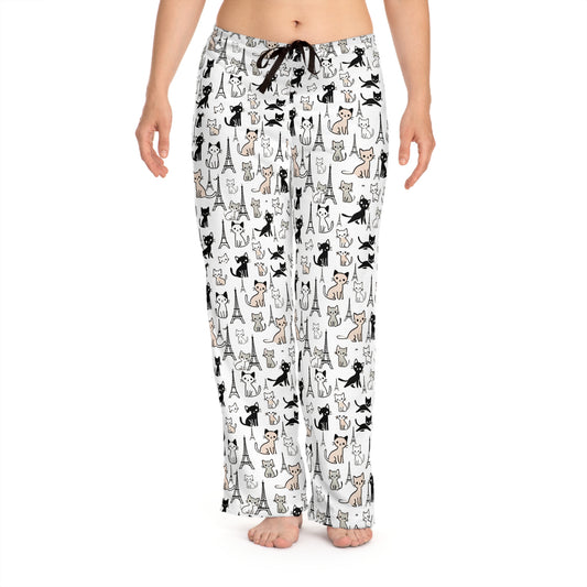 Women's Eiffel Tower & Cat Print Pajama Pants - Parisian Chic Lounge Pants - Soft Sleepwear with Adjustable Drawstring Waist