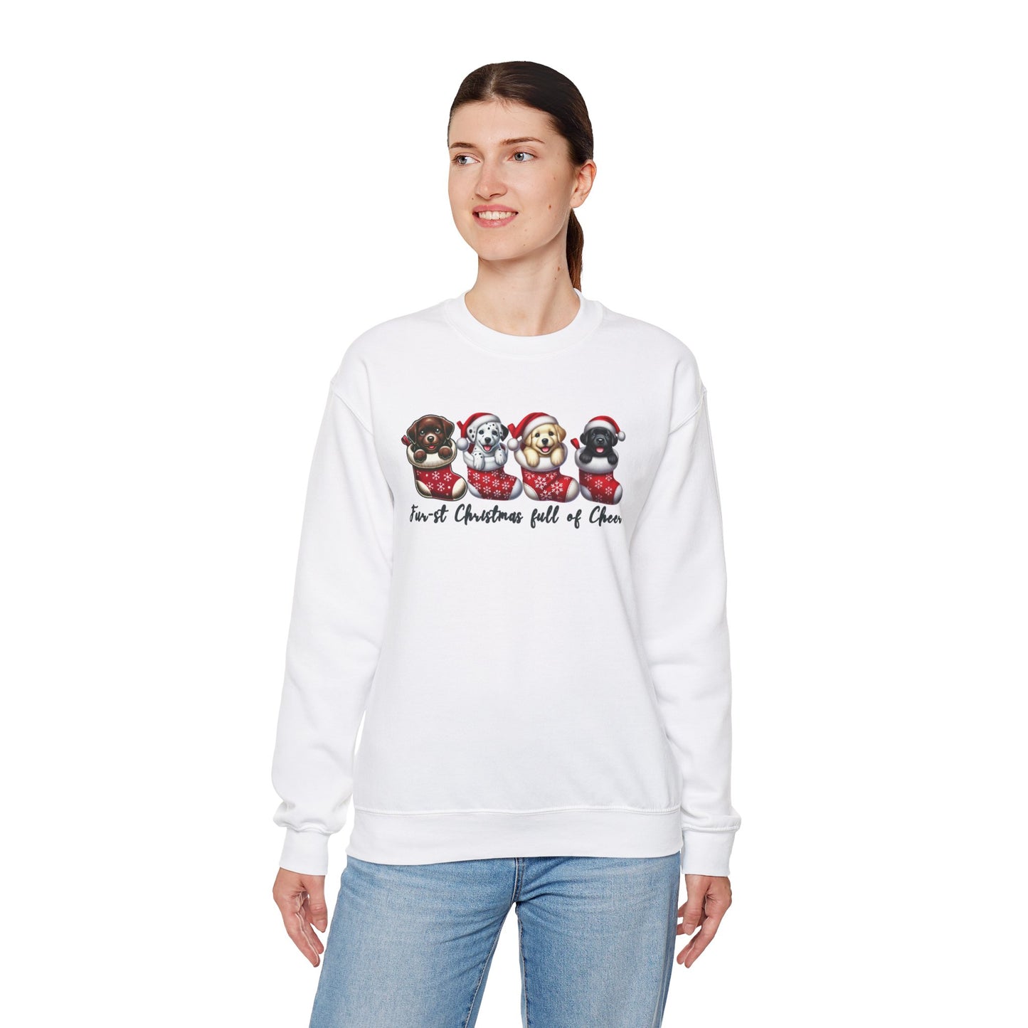 Festive Dog Lovers Crewneck Sweatshirt - "First Christmas Full of Cheer"