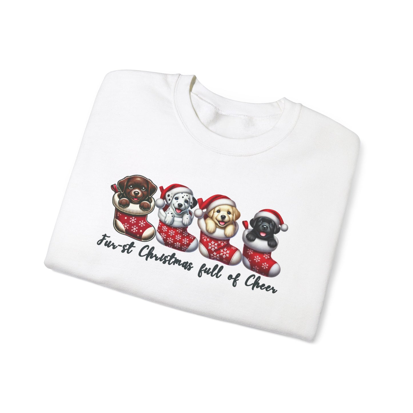 Festive Dog Lovers Crewneck Sweatshirt - "First Christmas Full of Cheer"