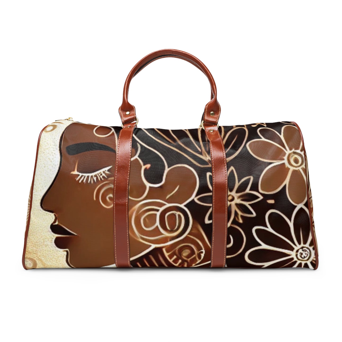 Elegant African-Inspired Tote Bag with Floral Line Art | Stylish, Unique Travel Duffel in Earthy Tones | Premium Weekender Bag for Women