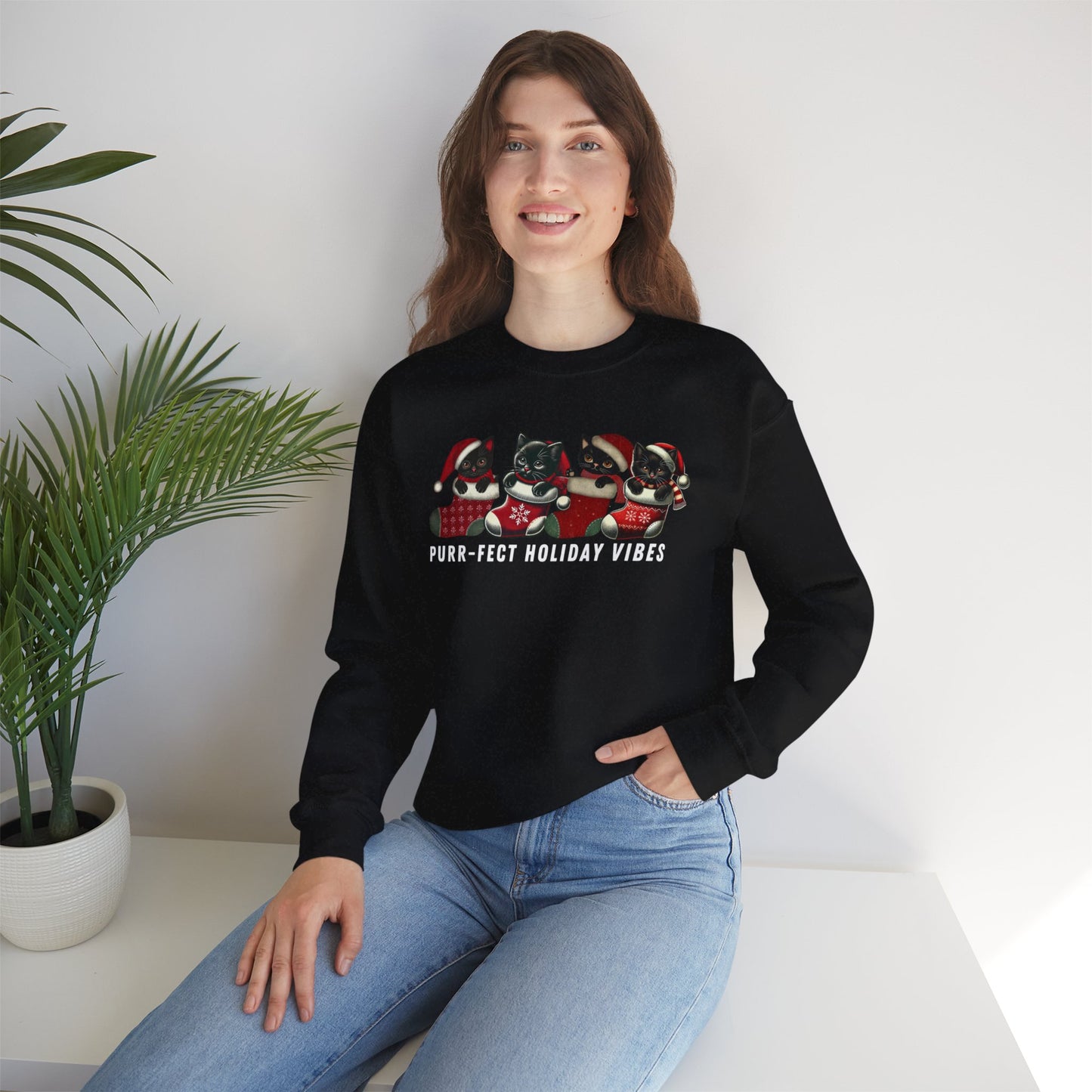 Purr-fect Holiday Vibes Cat Sweatshirt - Festive Cat Christmas Sweater