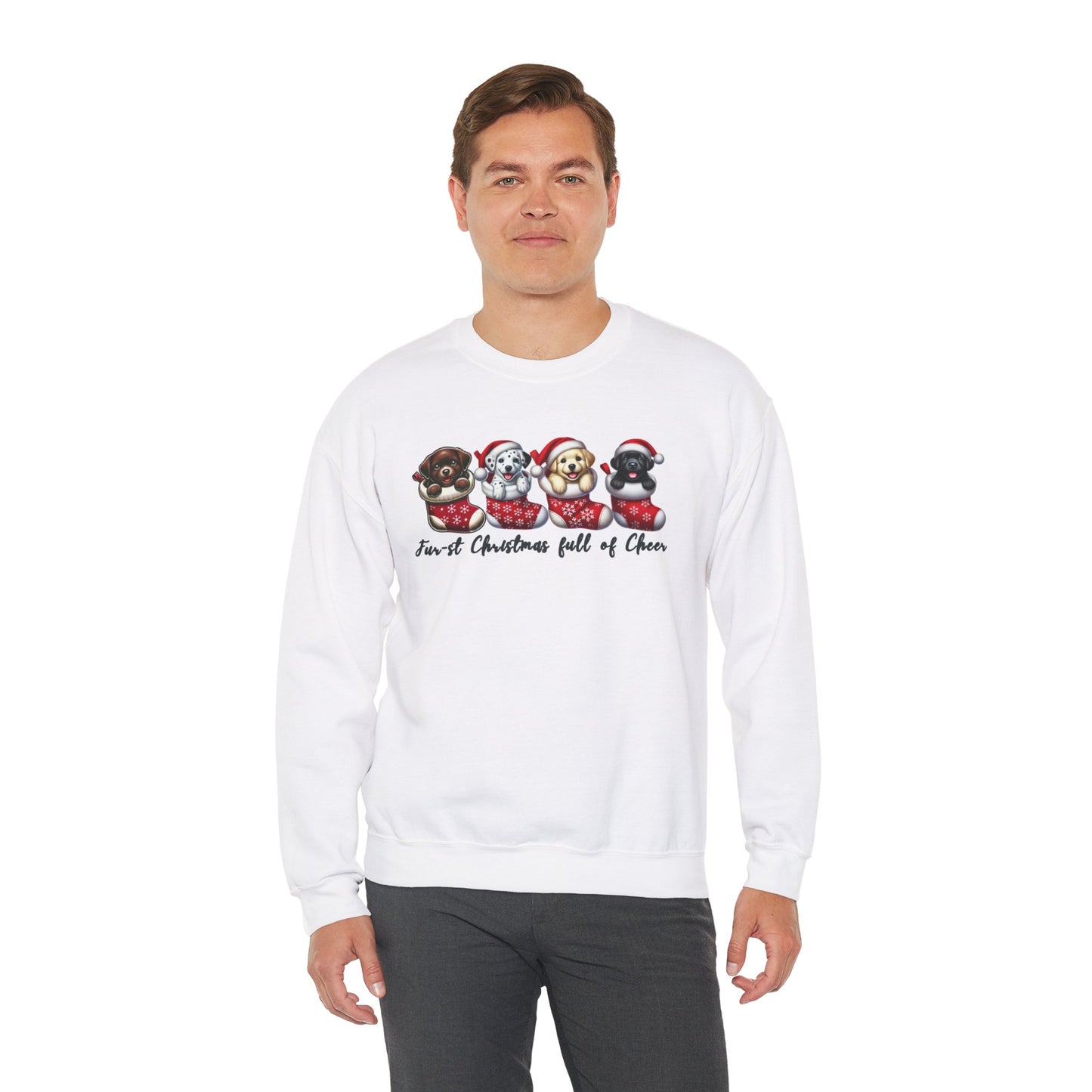 Festive Dog Lovers Crewneck Sweatshirt - "First Christmas Full of Cheer"