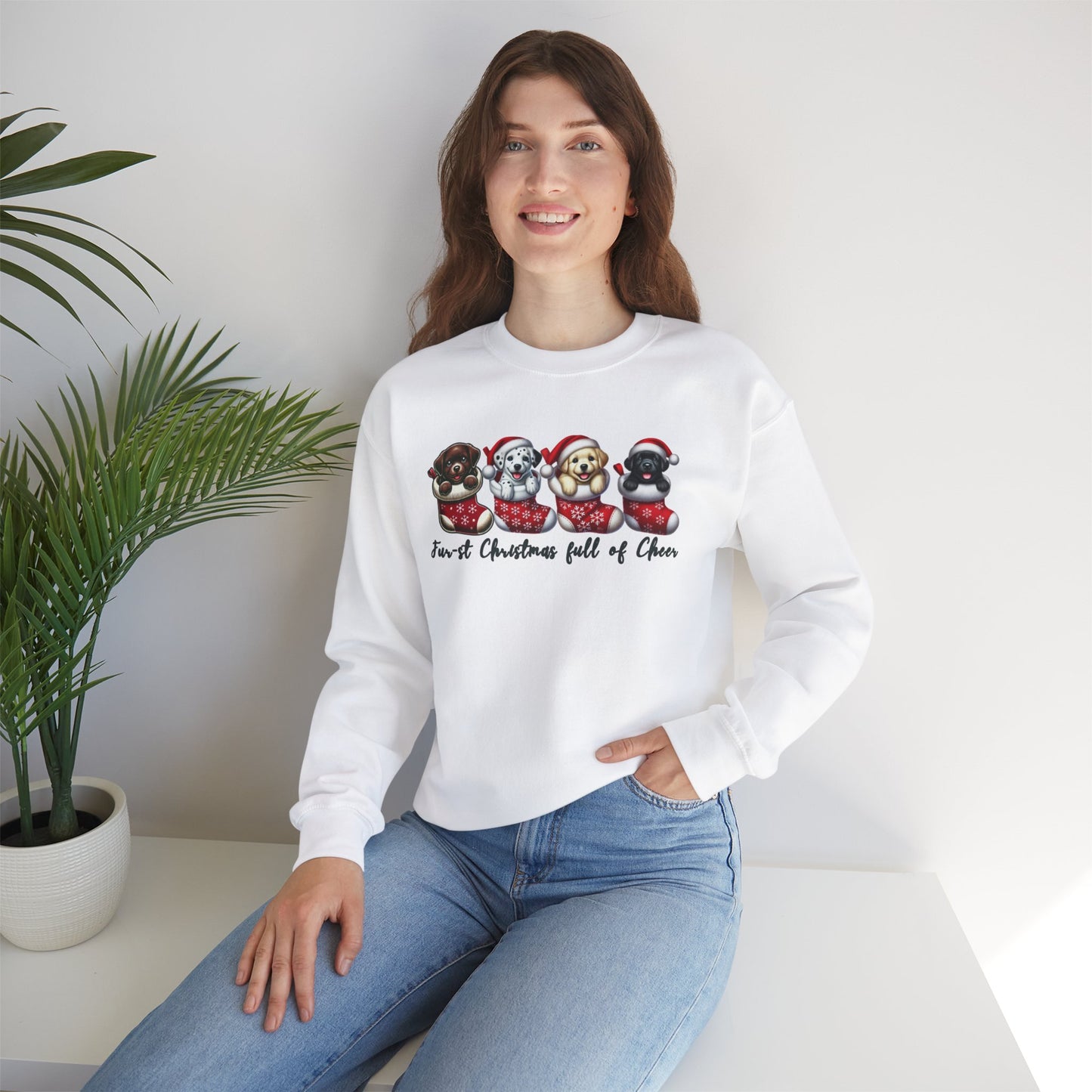 Festive Dog Lovers Crewneck Sweatshirt - "First Christmas Full of Cheer"