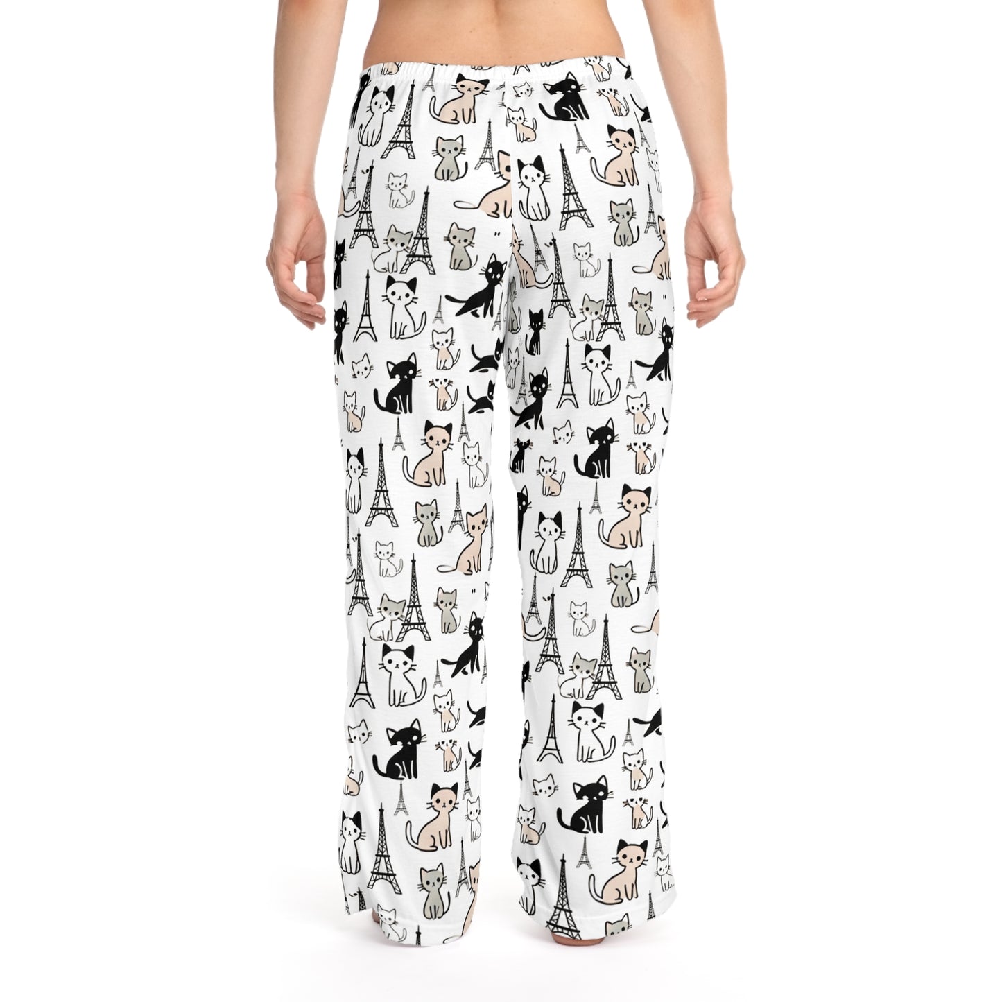 Women's Eiffel Tower & Cat Print Pajama Pants - Parisian Chic Lounge Pants - Soft Sleepwear with Adjustable Drawstring Waist