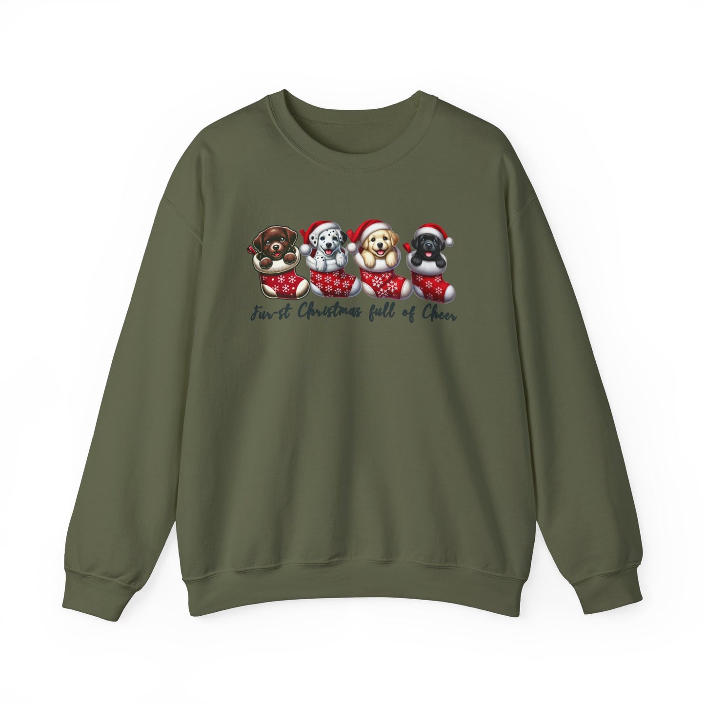 Festive Dog Lovers Crewneck Sweatshirt - "First Christmas Full of Cheer"