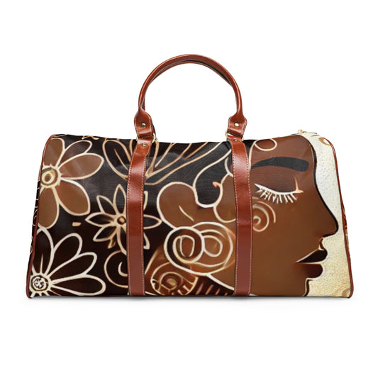 Elegant African-Inspired Tote Bag with Floral Line Art | Stylish, Unique Travel Duffel in Earthy Tones | Premium Weekender Bag for Women