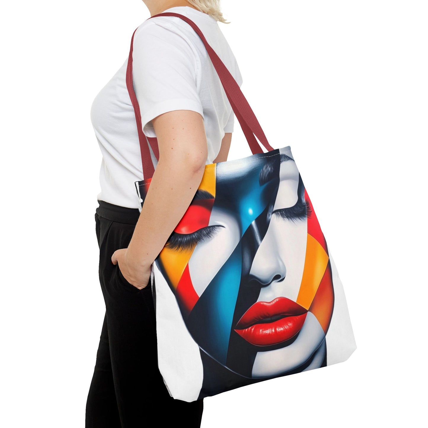 Modern Abstract Art Tote Bag - Vibrant Face Design & Zebra Print Reversible Style - Durable, Lightweight, Everyday Carry