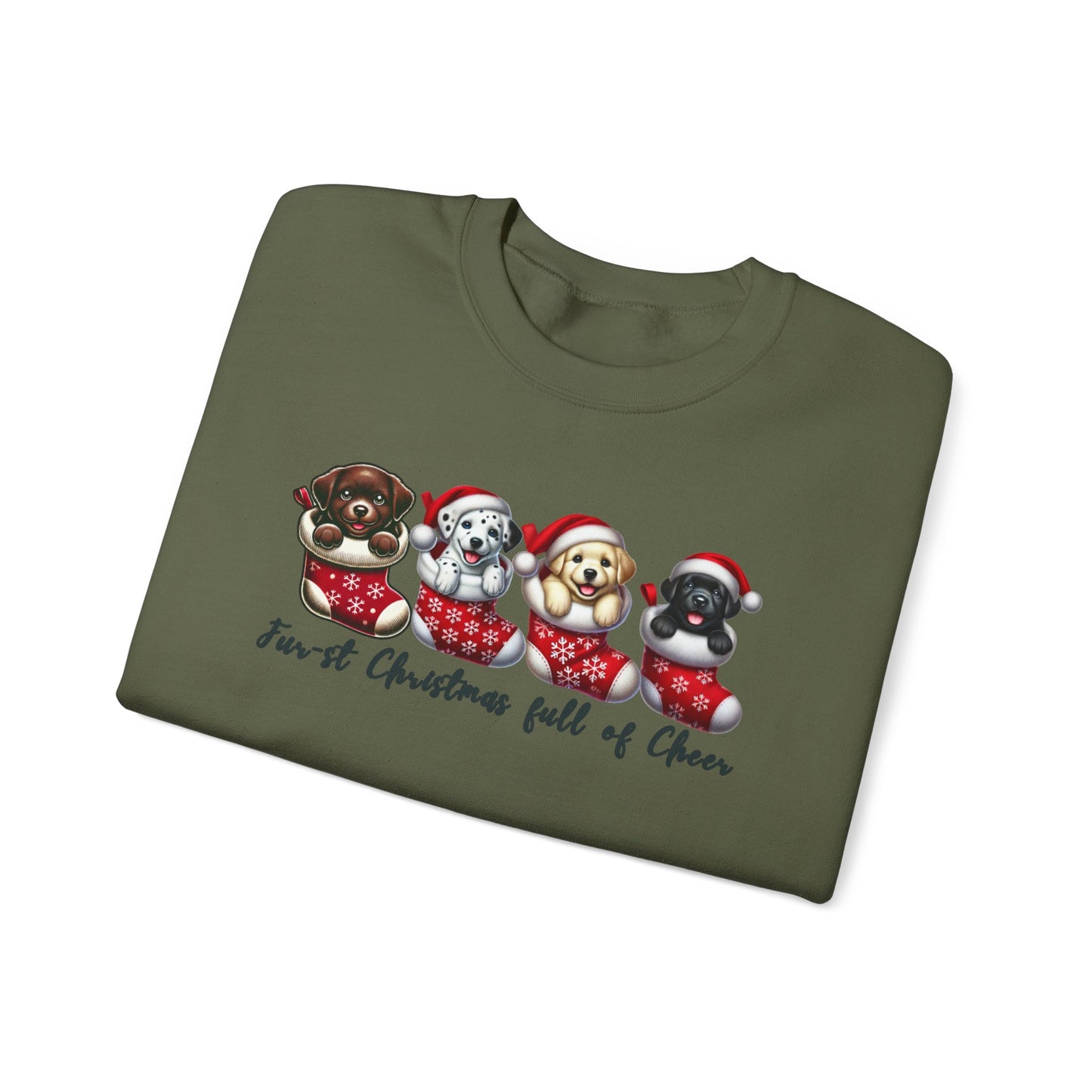 Festive Dog Lovers Crewneck Sweatshirt - "First Christmas Full of Cheer"