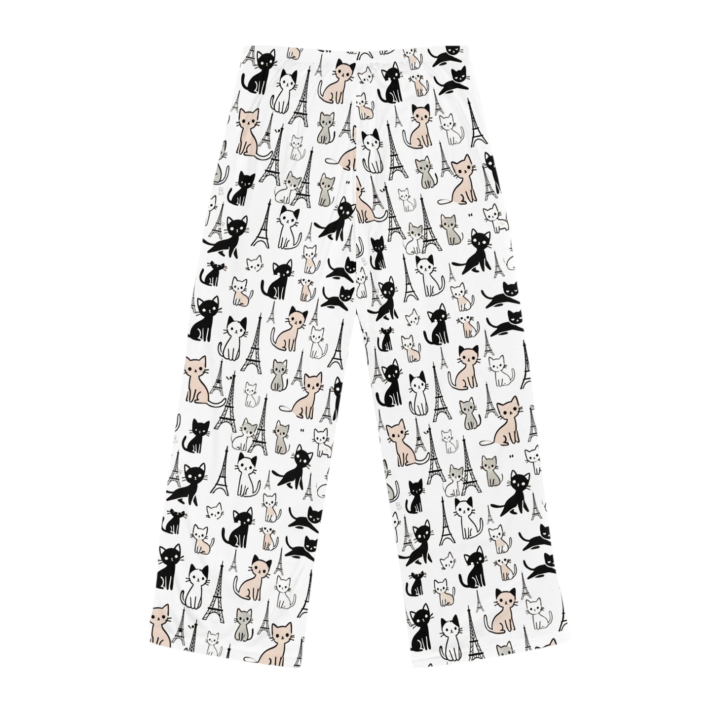 Women's Eiffel Tower & Cat Print Pajama Pants - Parisian Chic Lounge Pants - Soft Sleepwear with Adjustable Drawstring Waist