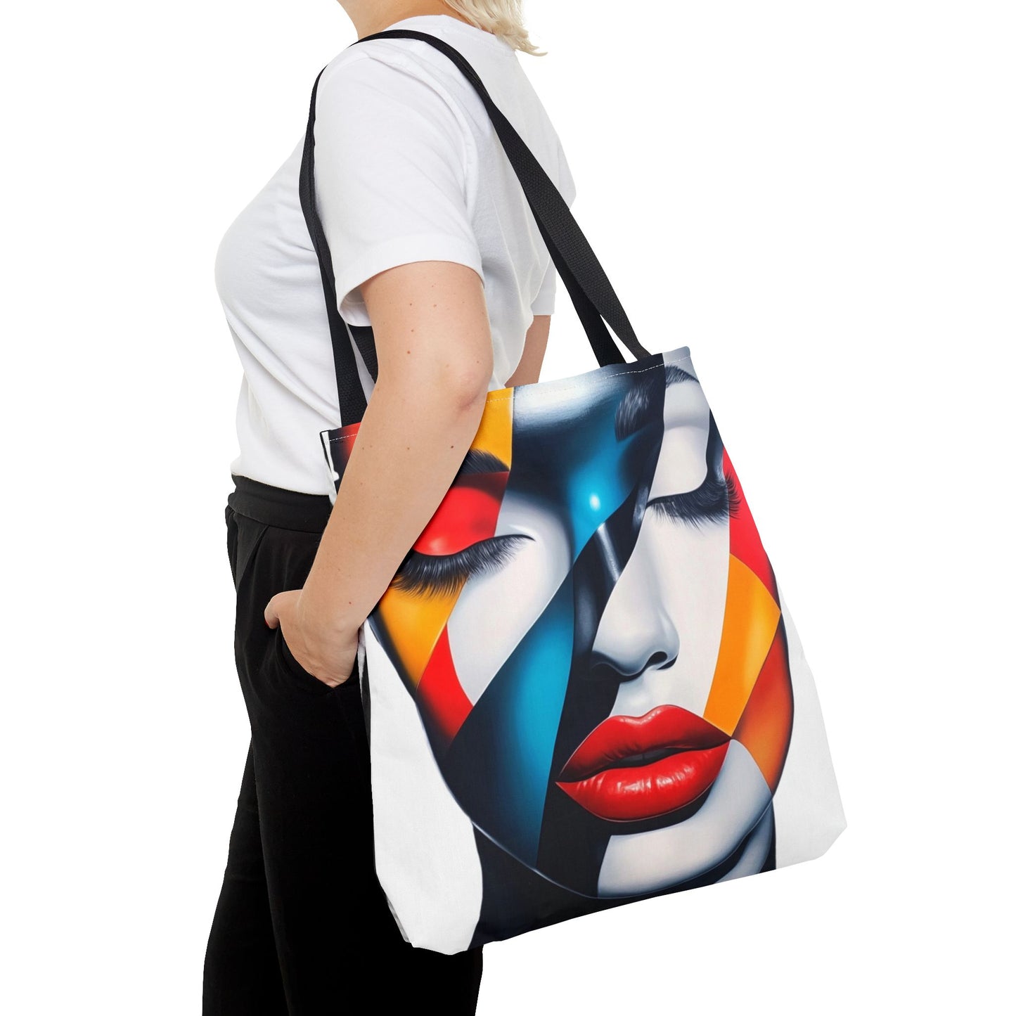 Modern Abstract Art Tote Bag - Vibrant Face Design & Zebra Print Reversible Style - Durable, Lightweight, Everyday Carry